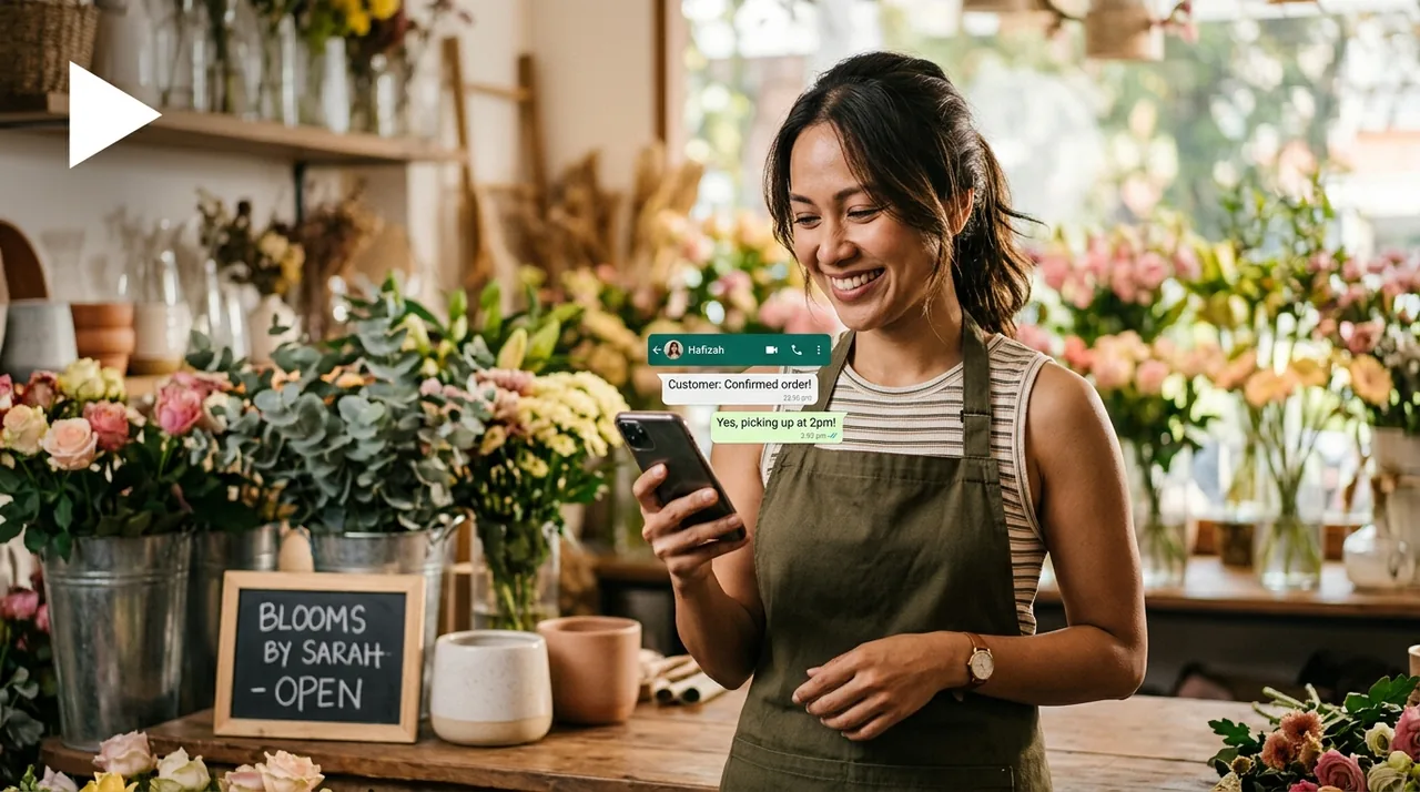 A Malaysian florist smiling at a customer chat handled by HelloReply