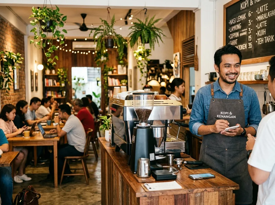 Malaysian café owner by the coffee machine, relaxed while the AI handles customer messages