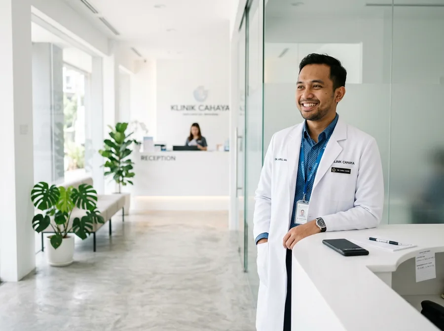 Malaysian doctor in a bright white clinic, relaxed while the AI handles patient messages