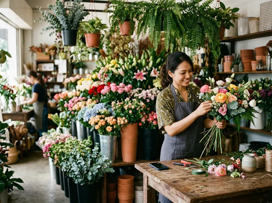 Malaysian florist holding a bouquet, relaxed while the AI handles customer messages