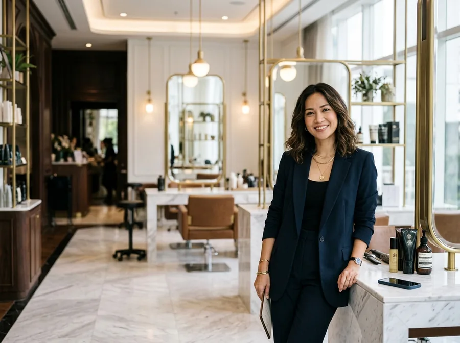 Malaysian salon owner in an elegant salon, relaxed while the AI handles customer messages